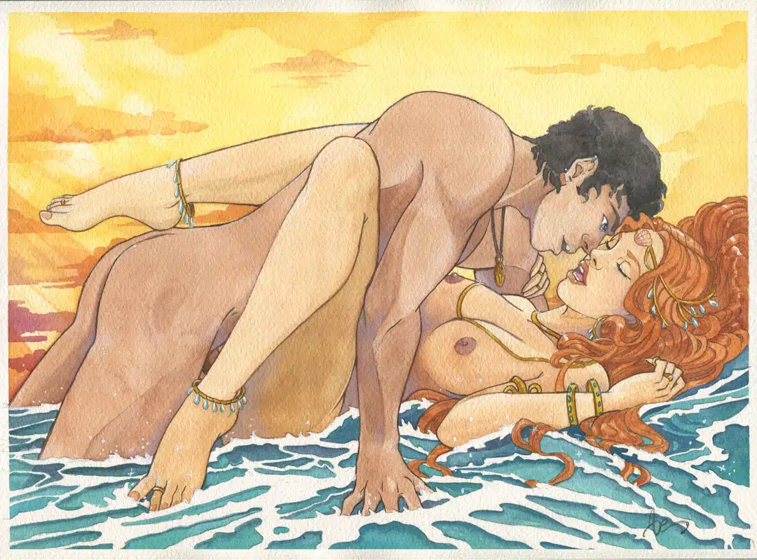 Une aquarelle érotique montrant la déesse de l'amour Aphrodite et le dieu de la guerre Arès en pleine étreinte sur un lit fait d'eau de mer, symbole de la naissance d'Aphrodite.