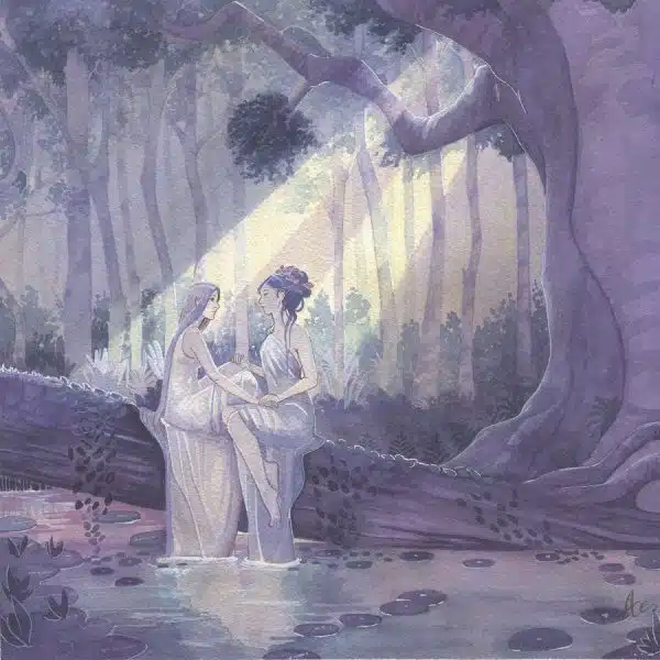 Aquarelle carrée représentant deux nymphes discutant sur un tronc d'arbre au dessus d'un étang, il fait nuit et la lune éclaire la zone. Illustratrice : Aemarielle