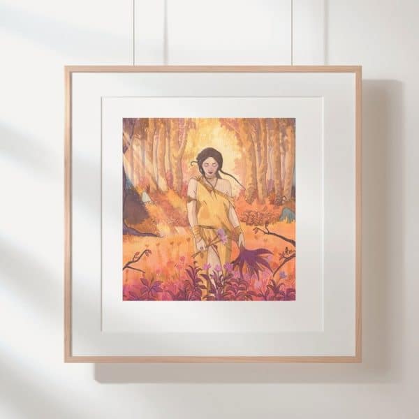 Coré, la jeune fille - aquarelle originale dans des tons automnaux représentant la jeune Perséphone avant son enlèvement par Hadès.