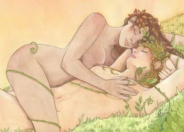 2 nymphes nues sont allongées l'une contre l'autre, endormies sur l'herbe. Illustration issue de ma galerie d'aquarelles érotiques Secrets d'alcôve.