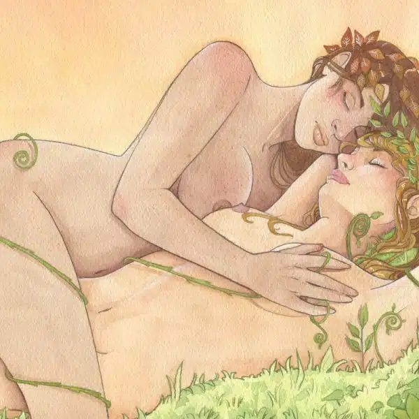 2 nymphes nues sont allongées l'une contre l'autre, endormies sur l'herbe. Illustration issue de ma galerie d'aquarelles érotiques Secrets d'alcôve.