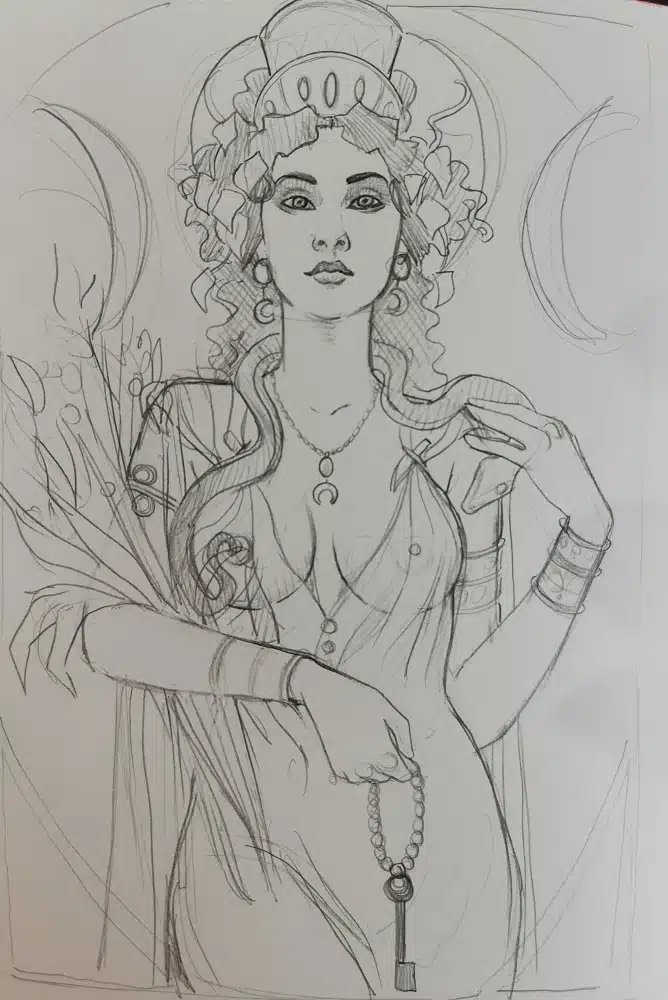Le croquis de la déesse Hécate dans mon carnet à dessin