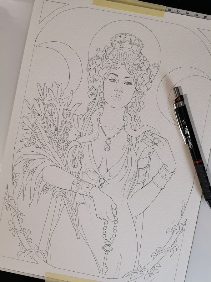 La déesse Hécate dessinée sur papier aquarelle juste avant la peinture