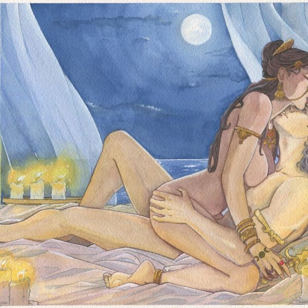 Médée séduit Jason sous la lumière de la pleine lune. Une aquarelle érotique originale d'Aemarielle