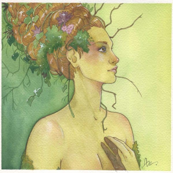 Le portrait à l'aquarelle d'une dryade sur un fond vert. Ses cheveux roux sont emmêlés de feuillages et de mousse.