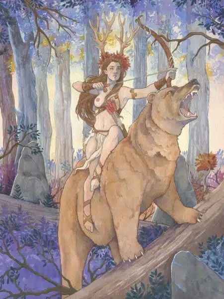 La déesse Artémis, l'arc bandé, prête à tirer. Elle est juchée sur le dos d'une ourse géante dans les bois.