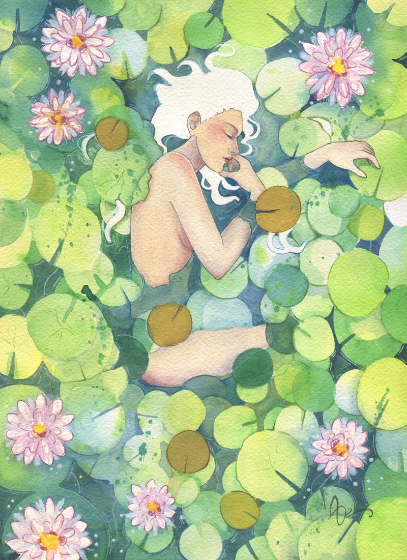 Une nymphe endormie dans un écrin de nénuphars.