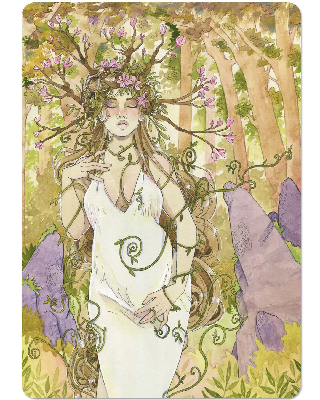 Une carte d'oracle représentant une femme enceinte, les yeux fermés, dans la forêt. Des branches forment une couronne autour de sa tête.