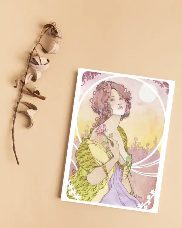 Carte postale Une fleur à la main - illustration art nouveau montrant une jeune femme dans un jardin, une fleur à la main