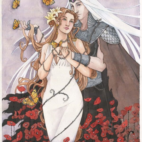 Aquarelle originale représentant Perséphone, la déesse du printemps et Hadès, le dieu de la mort dans la mythologie grecque.