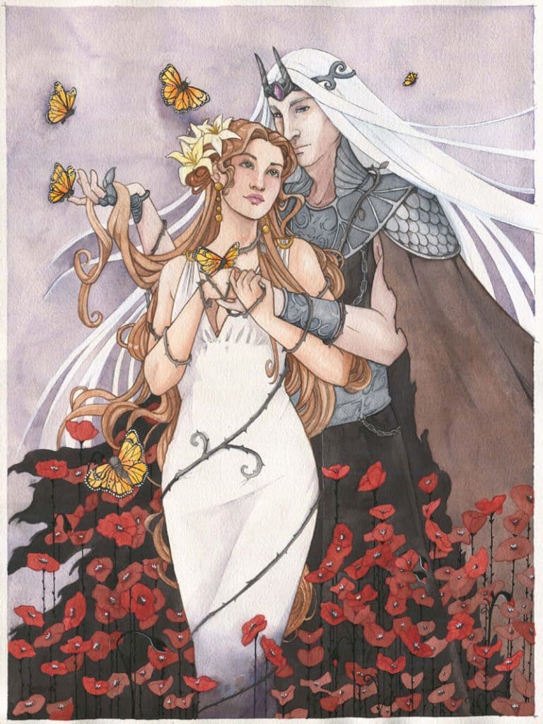Aquarelle originale représentant Perséphone, la déesse du printemps et Hadès, le dieu de la mort dans la mythologie grecque.