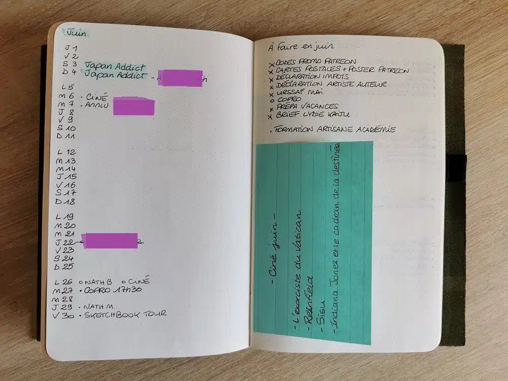 Une photo de la page du mois de juillet de mon bullet journal, avec un simple post-it turquoise et du marqueur fluo de la même couleur