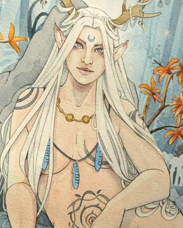 Collection féerie automnale - La reine des bois - aquarelle représentant une femme à la peau et aux cheveux blancs, parée d'une ramure de cerf, dans une forêt enchantée