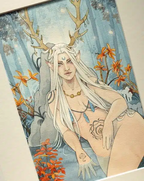 Collection féerie automnale - aquarelle La reine des bois - une fée dotée de bois de cerf dans une forêt automnale de nuit