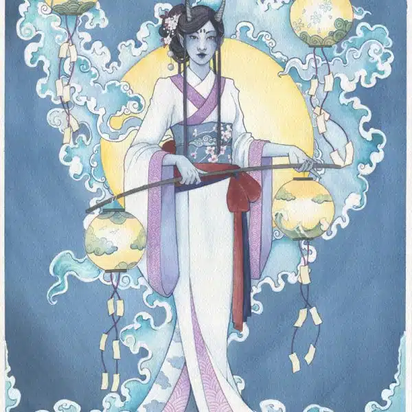 Aoandon - yokai à l'aquarelle - une femme à la peau bleue, cornue, dans un kimono blanc, entourée de brume bleue.