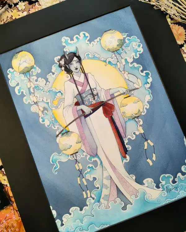 Aoandon- un yokai de la collection Esprits japonais à l'aquarelle. Un oni à l'apparence féminine sur un fond bleu brumeux.