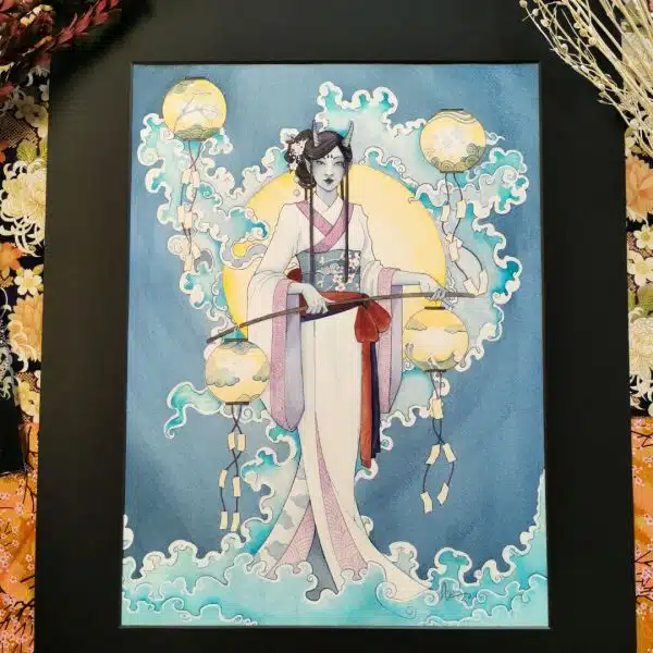 Aoandon - une femme cornue vêtue de blanc, tenant des lanternes japonaises. De la brume bleue s'élève autour d'elle. Aquarelle originale issue de la collection Esprits japonais par Aemarielle