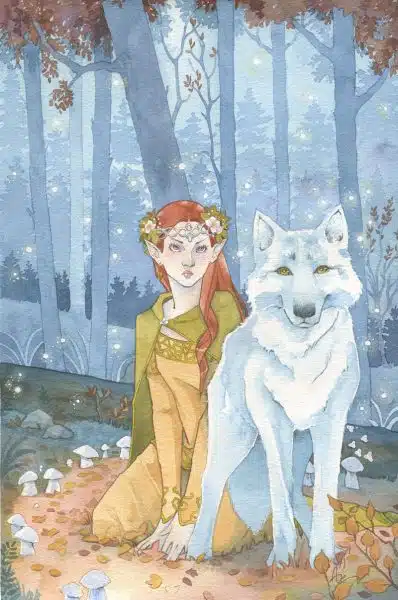 Le cercle des fées représente une jeune femme elfe aux chevuex roux, agenouillée au milieu d'un cercle de champignons. Un loup blanc se tient devant elle dans une attitude protectrice