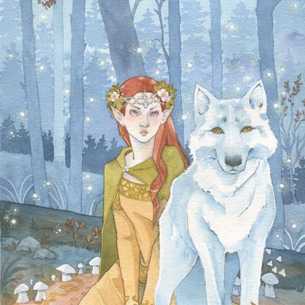 Le cercle des fées représente une jeune femme elfe aux cheveux roux, agenouillée au milieu d'un cercle de champignons. Un loup blanc se tient devant elle dans une attitude protectrice. Les esprits de la forêt dans la mythologie par Aemarielle