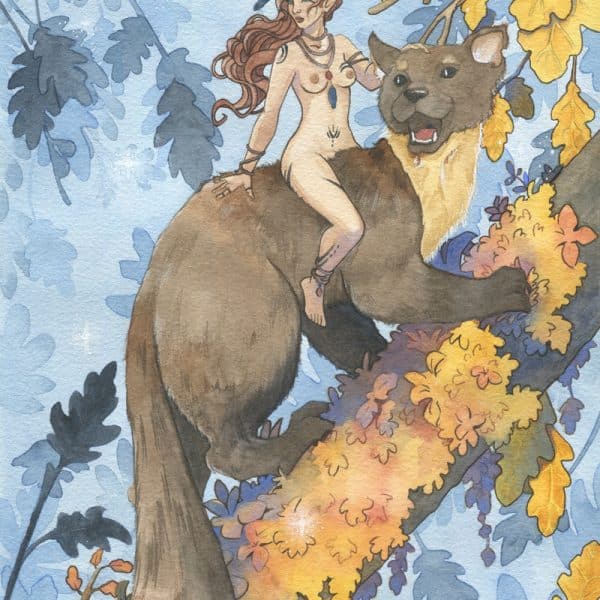 Une fée chevauche une martre qui grimpe le long d'une branche de chêne.