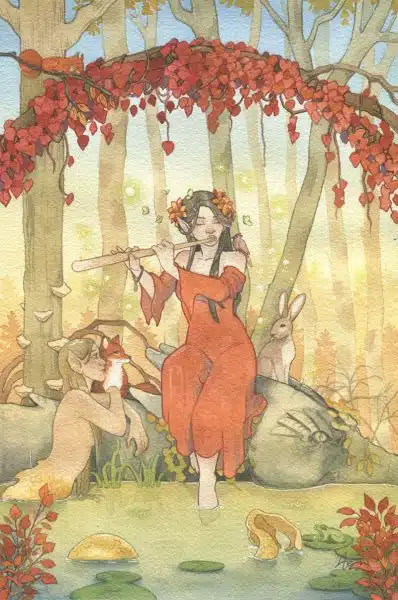 La flûtiste- aquarelle originale de la collection Féerie automnale par Aemarielle. Une fée joue de la flûte dans les bois, entourée d'animaux et d'une nixe sous le charme.