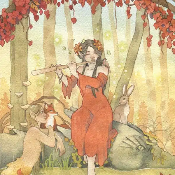 La flûtiste- aquarelle originale de la collection Féerie automnale par Aemarielle. Une fée joue de la flûte dans les bois, entourée d'animaux et d'une nixe sous le charme.