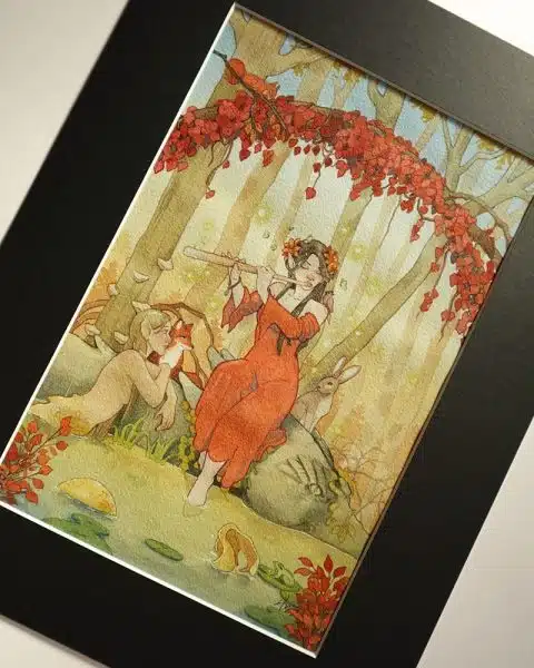 Collection Féerie automnale - La flûtiste - Une fée joue de la flûte dans les bois, assise sur un dragon en pierre. Une nixe et des animaux sauvages l'écoutent attentivement.