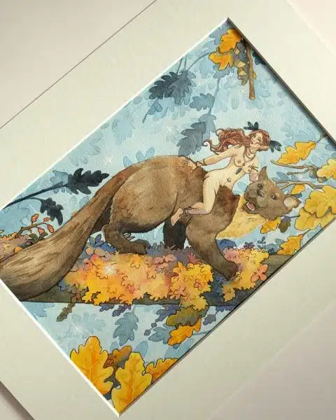 Collection féerie automnale - aquarelle représentant une pixie sur le dos d'une martre en train de grimper le long d'une branche de chêne