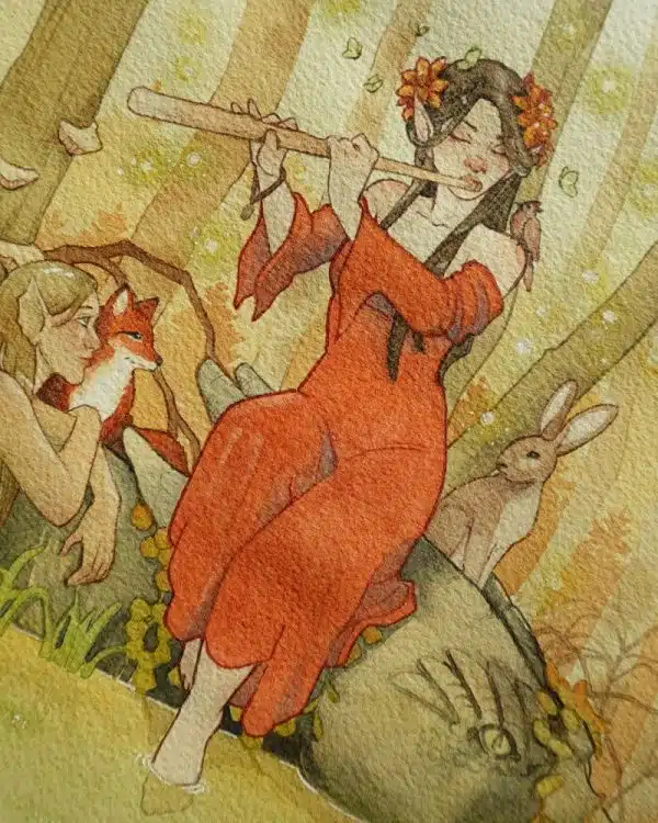 Collection féerie automnale - aquarelle représentant une fée jouant de la flûte dans la forêt. Elle est entourée d'une nixe et d'animaux des bois.
