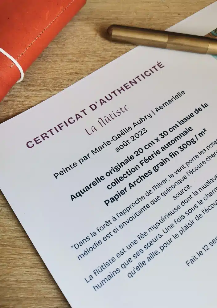 Photo d'un plan rapproché sur le certificat d'authenticité de La flûtiste