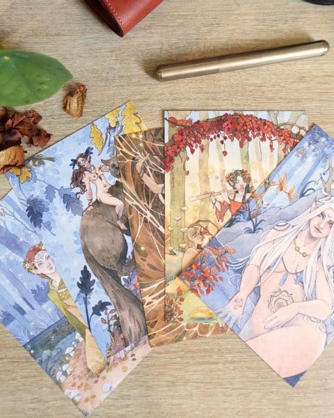 5 cartes postales représentant les fées de la collection Féerie automnale