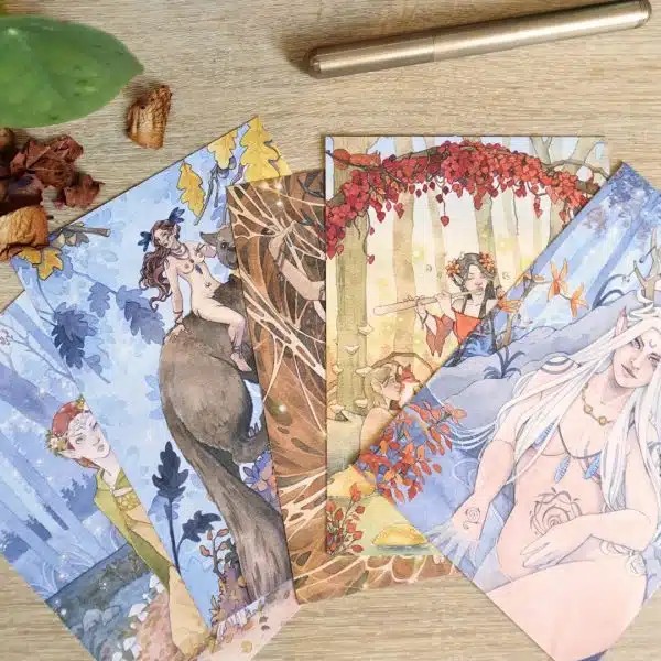 5 cartes postales représentant les fées de la collection Féerie automnale