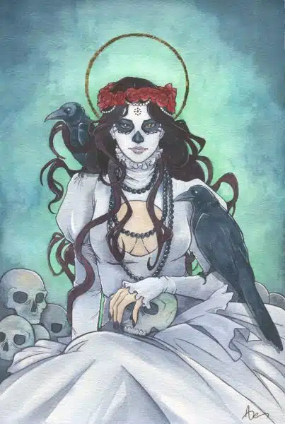 Aquarelle La Catrina par Aemarielle - une femme squelette avec de longs cheveux noirs, une robe blanche, deux corbeaux et des crânes humains