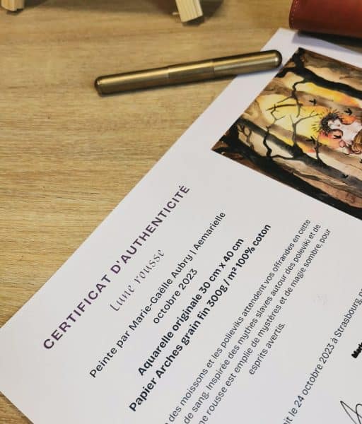 Un plan sur le certificat d'authenticité de l'aquarelle Lune rousse