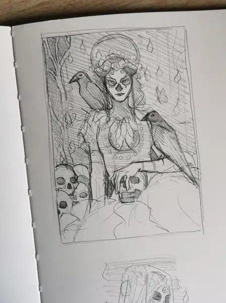 Un croquis d'une femme au visage maquillé en squelette, dans une robe complexe, tenant un crâne dans une main. Des corbeaux sont posés sur elle.