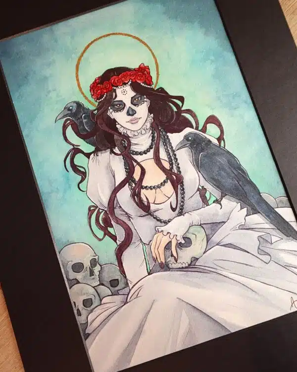 Aquarelle représentant La Catrina, une déesse mexicaine de la mort, avec un visage squelettique et une robe blanche
