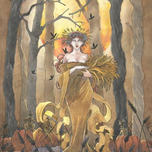 Une femme coiffée d'épis de blé se tient debout sous une lune rousse. À ses côtés, des polevik menaçants sont juchés sur des citrouilles. Lune rousse - aquarelle d'Halloween par Aemarielle