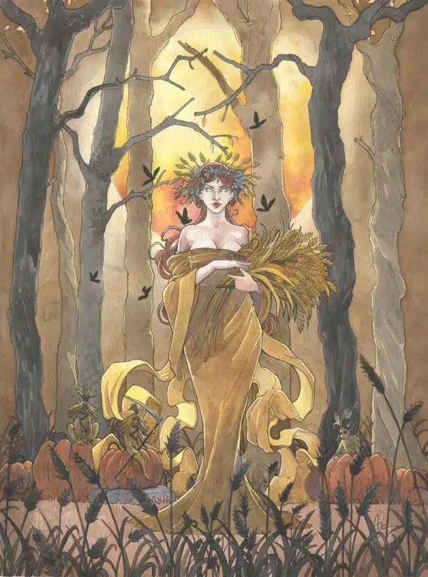 Une femme coiffée d'épis de blé se tient debout sous une lune rousse. À ses côtés, des polevik menaçants sont juchés sur des citrouilles. Lune rousse - aquarelle d'Halloween par Aemarielle