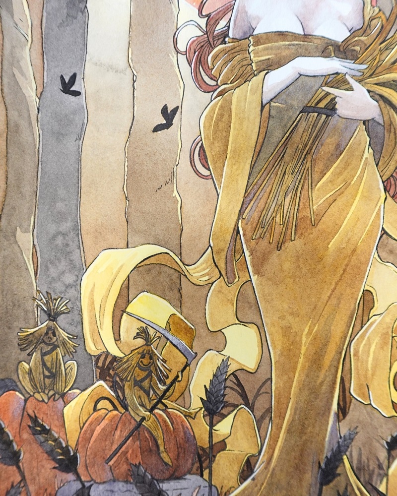 Un plan rapproché sur les polieviks, des esprits liés aux champs dans la mythologie slave. Je les ai représentés comme de petits êtres humanoïdes faits de foin.