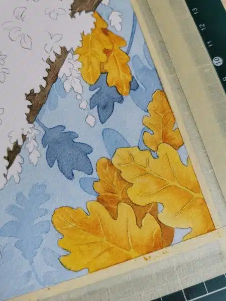 Un plan rapproché sur des feuilles de chêne dorées à l'aquarelle
