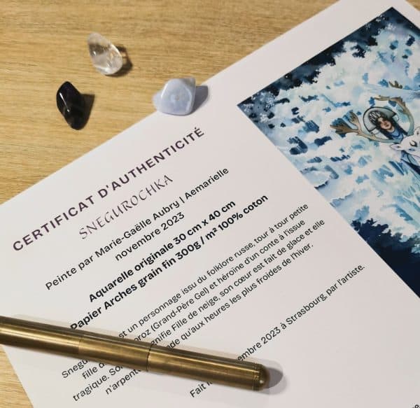 Une photo du certificat d'authenticité de Snegurochka, aquarelle originale.