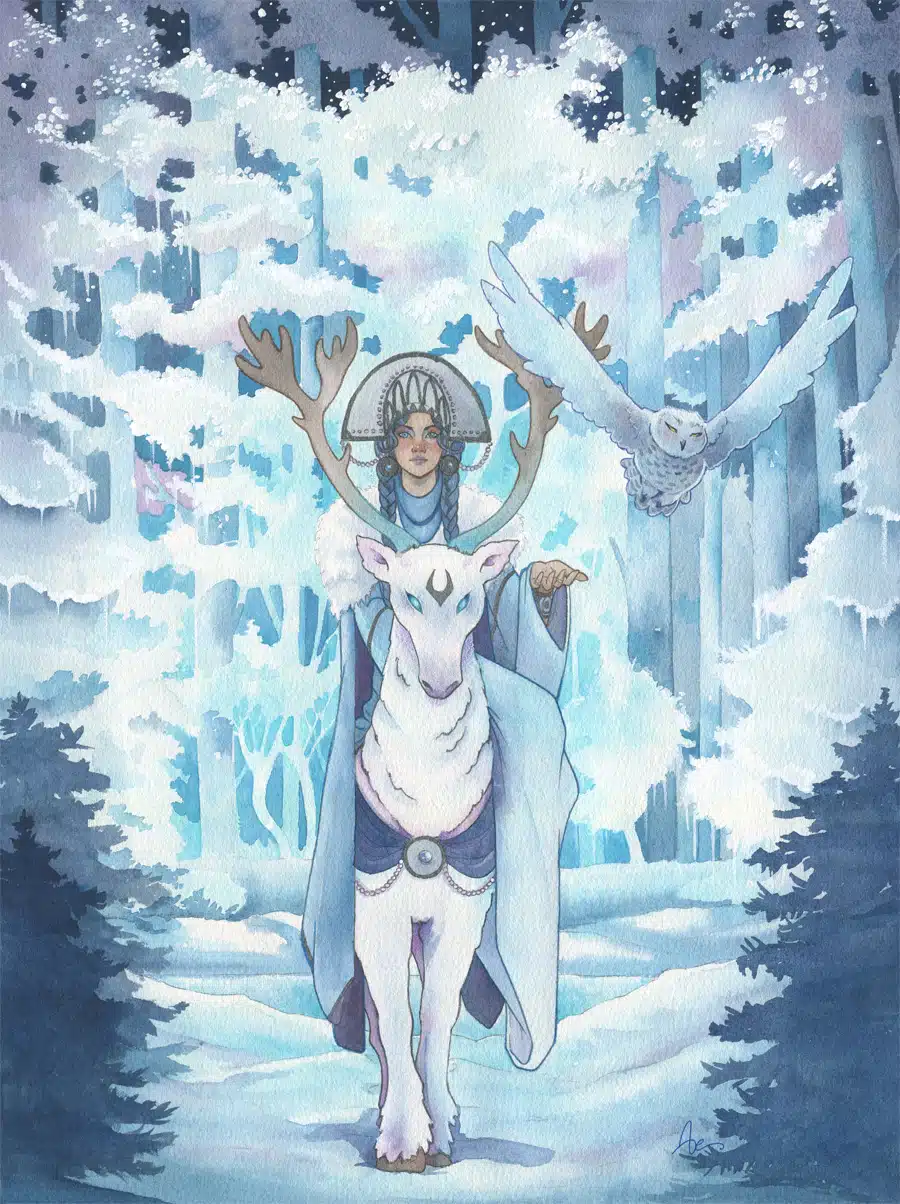 Une femme vêtue de bleu, montée sur un renne blanc, dans un décor de neige. Snegurochka - aquarelle hivernale par Aemarielle