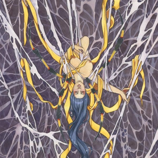 Jorogumo - une femme dotée de pattes d'araignées, drapée dans une toile inextricable où flottent des rubans de soie dorée. Aquarelle originale par Aemarielle