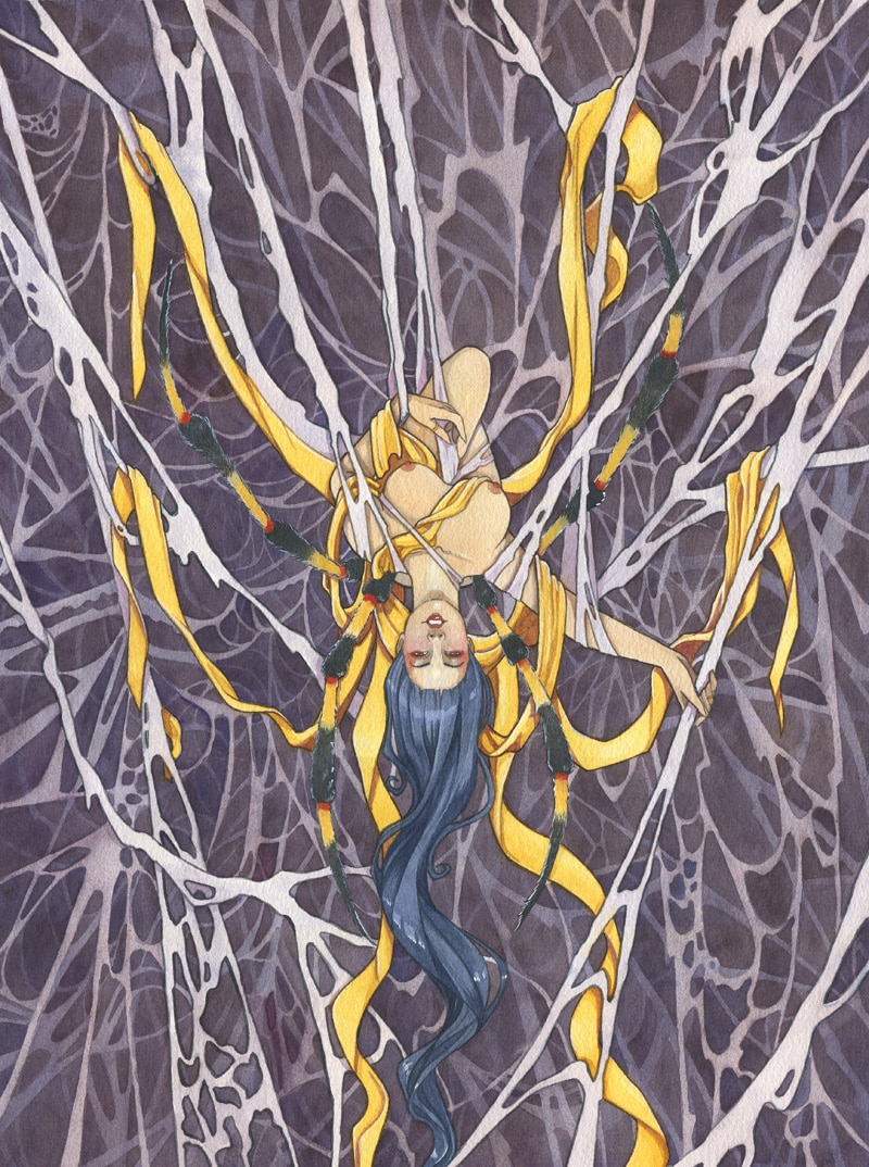 Jorogumo - une femme dotée de pattes d'araignées, drapée dans une toile inextricable où flottent des rubans de soie dorée. Aquarelle originale par Aemarielle
