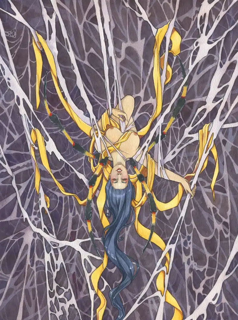 Jorogumo - une femme dotée de pattes d'araignées, drapée dans une toile inextricable où flottent des rubans de soie dorée. Aquarelle originale par Aemarielle