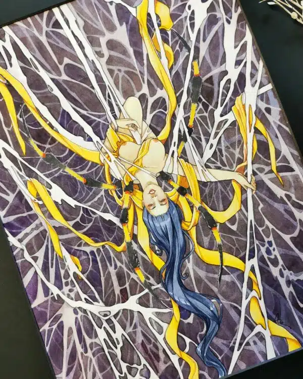 Jorogumo- aquarelle représentant une femme araignée drapée de rubans jaunes dans une toile inextricable - aquarelle originale issue de la collection Esprits japonais