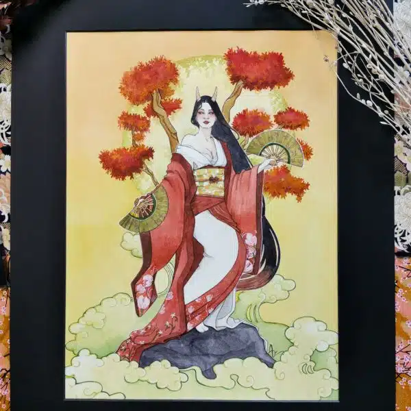 Une sorcière japonaise vêtue d'un kimono rouge et blanc et d'éventails de danse. Elle se tient devant des branches d'érable rouge. Aquarelle originale issue de la collection Esprits japonais par Aemarielle