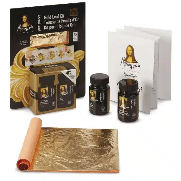 Set d'application de feuille d'or de composition incluant un bloc de feuilles, un flacon d'adhésif et un flacon de scellant.