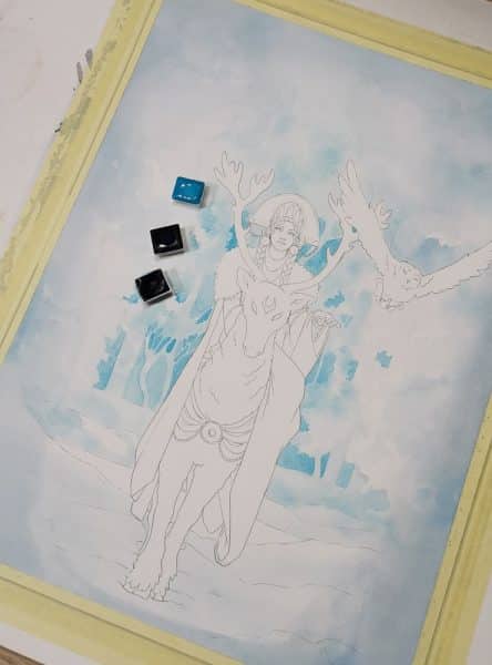 Quelques touches de turquoise sur une aquarelle représentant Snegurochka, la fille de neige