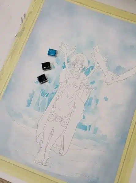 Quelques touches de turquoise sur une aquarelle représentant Snegurochka, la fille de neige